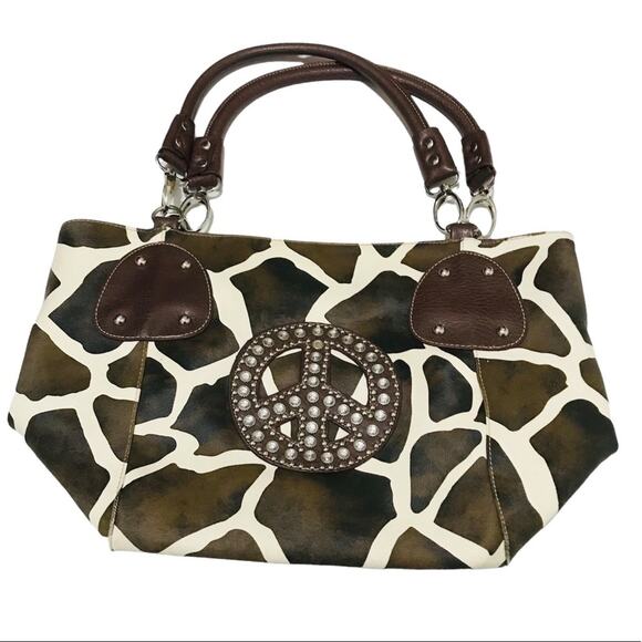 Animal Print Bedazzled Peace Sign Tote Shoulder Bag - Picture 9 of 10
